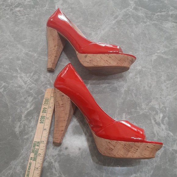 Franco Sarto The Artisan Collection Red Patent Leather Cork Chunky Heels SZ 9M - Picture 7 of 7
